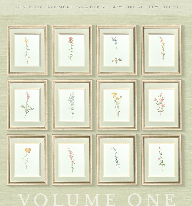 May include: Nine framed botanical prints featuring watercolor illustrations of various flowers in shades of pink, yellow, blue, and orange. The frames are gold with a white mat.