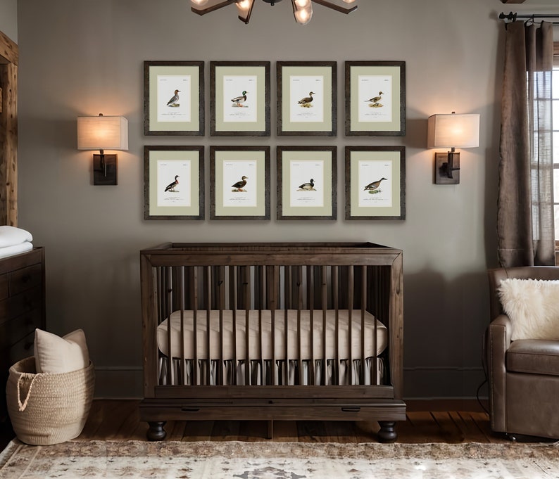 K&ouml;nnte beinhalten: Ein dunkelbraunes Holz-Babybett mit einer wei&szlig;en Matratze und einem wei&szlig;en Volant am unteren Rand. Das Babybett steht in einem Kinderzimmer mit einer grauen Wand und einem Teppich auf dem Boden. An der Wand &uuml;ber dem Babybett h&auml;ngen gerahmte Drucke von Enten.