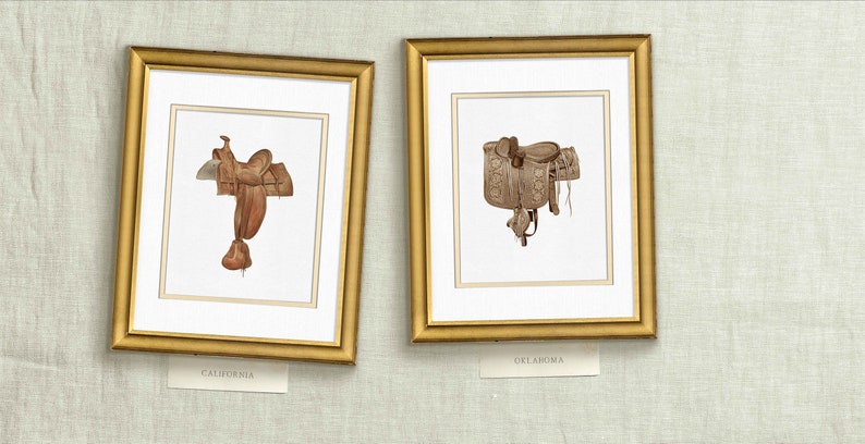 May include: Two framed illustrations of saddles, one labeled "California" and the other "Oklahoma".
