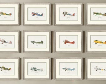 Vintage Flugzeug Kunstdrucke fürs Kinderzimmer & Jungenzimmer - Set von 12 handgezeichneten Aquarell Kunstdrucken mit amerikanischen Flugzeugen