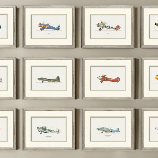 Stampe artistiche di aerei vintage incorniciate per la cameretta dei bambini e dei ragazzi - Set di 12 stampe artistiche ad acquerello disegnate a mano con aerei americani