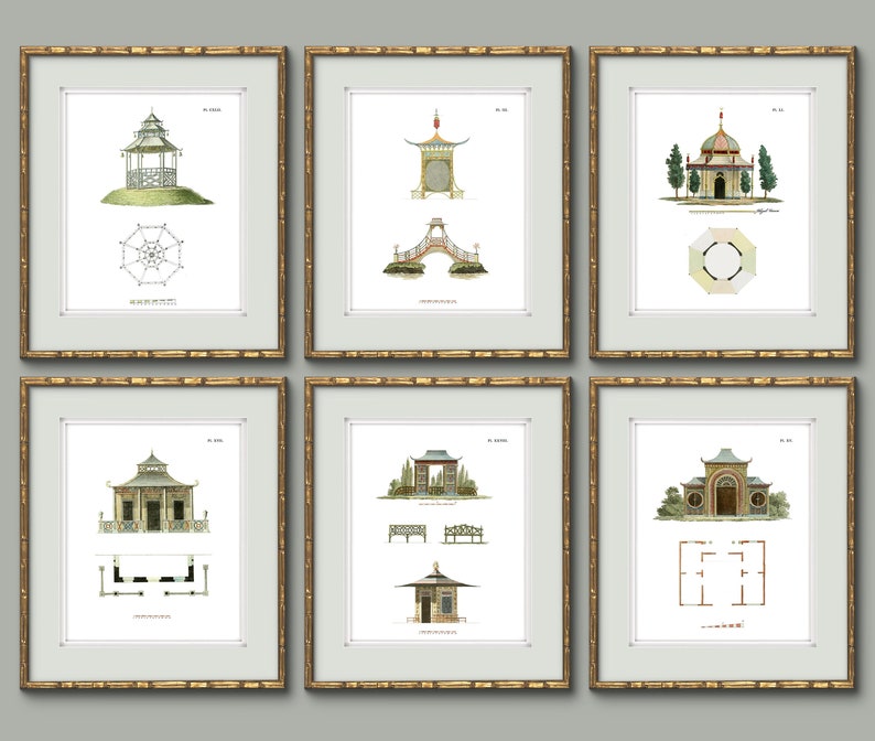 Collection of Chinoiserie Pagoda Prints in Grand Millennial Style for Chinoiserie Chic Decor image 1
