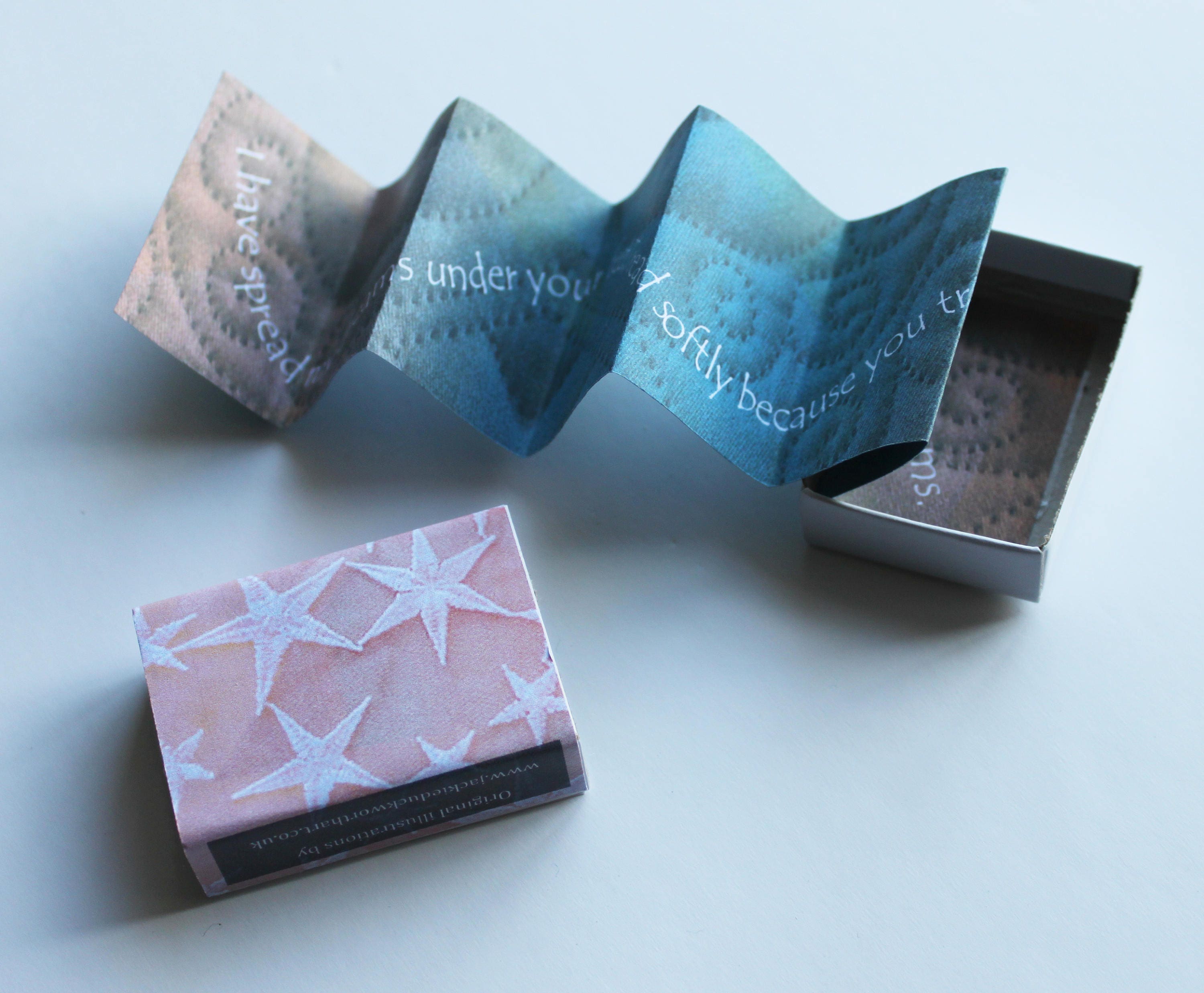 Handmade Poem book in a matchbox - 'Tread softly or you tread upon my dreams'.