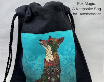 Handmade Linen Drawstring Bag, Fox Applique, Wish Cards Included