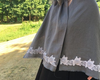 LINEN SHAWL Gray Linen with 3-D Flower Lace