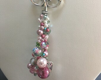 PENDANT KEY NECKLACE, 3-inch metal key, wire-wrapped with Swarovski elements, 18-inch cord, Rose #1