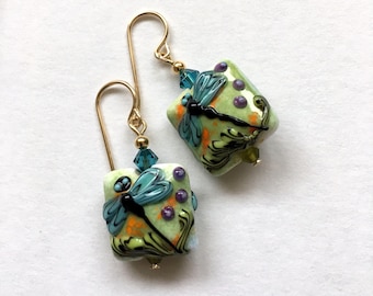 DRAGONFLY EARRINGS, handblown glass, goldplated wires, animal totem, spirit animal, air element