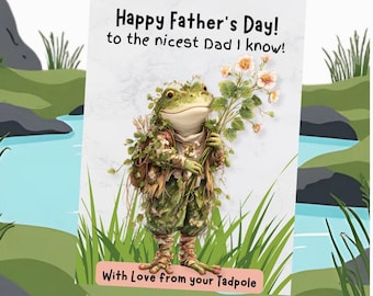 Father's Day Card, frog and tadpole, Nice Dad with flowers, printable PDF