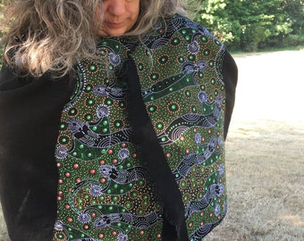 LINEN SHAWL Black with Green "Dancing Spirits" Aboriginal Print