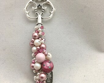 PENDANT KEY NECKLACE features 3-inch metal key wire-wrapped with Swarovski elements, Rose #4