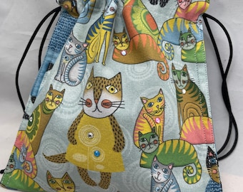 Handmade Linen Keepsake Bag, Whimsical Cat Print, Ritual Kit