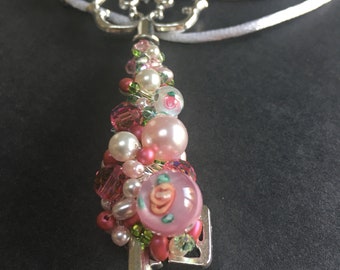 PENDANT KEY NECKLACE, 3-inch key, wire-wrapped with Swarovski elements, Rose #2
