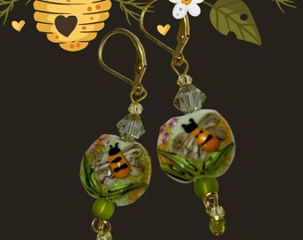 Honeybee Earrings, Honey, Bee Cult, Artisan Beads, Lampwork, Spirit Guide, Animal Totem