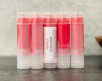 Bulk Red Tinted Arnica Lip Balm Sticks | Sheer Strawberry Wholesale Lip Butter w/ Private Label | Unlabeled | Post Lip Filler Moisturizer