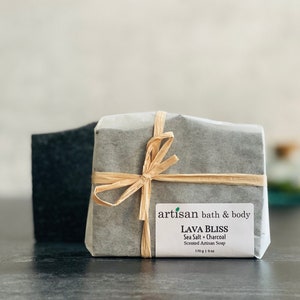 Lava Bliss Soap | Sea Salt and Charcoal Bar Soap with Essential Oils | Light Scent | Mild Exfoliating Soap w/ Mango Butter | Black | Vegan