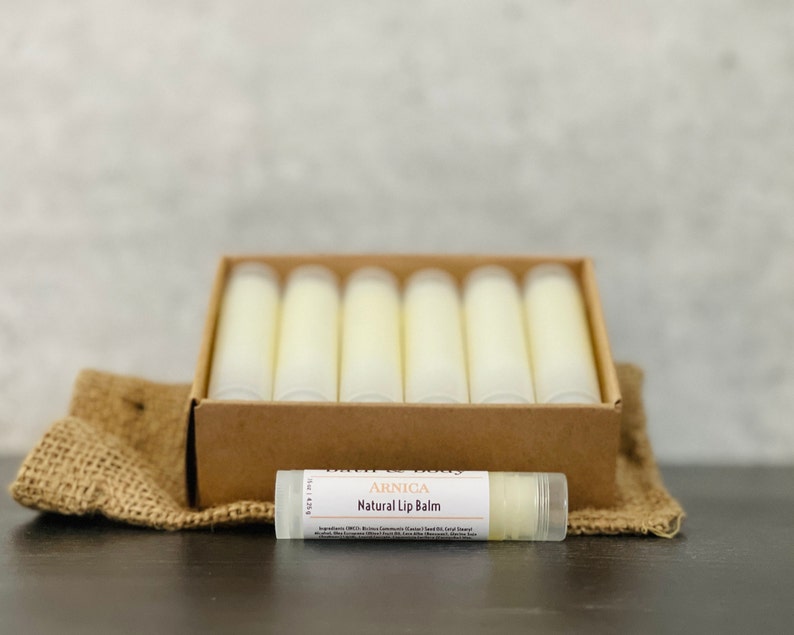 12 Arnica Lip Balm Sticks Clear or Tinted Chapsticks Unlabeled Private Label Med Spa Branded Gifts Pink Brown Red Aesthetics AllNaturalArnicaBalm