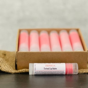 12 Arnica Lip Balm Sticks Clear or Tinted Chapsticks Unlabeled Private Label Med Spa Branded Gifts Pink Brown Red Aesthetics PinkTint Arnica Balm