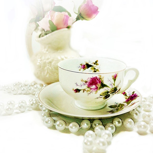 White Pink Teacup Set Moss Rose Pattern for DIY Projects or Vintage Shabby Home Decor, Downton Abbey Decor