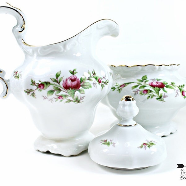 Shabby Moss Rose Lidded Sugar and Creamer Set, Haviland China, Bavarian Back-stamp, Downton Abbey Decor