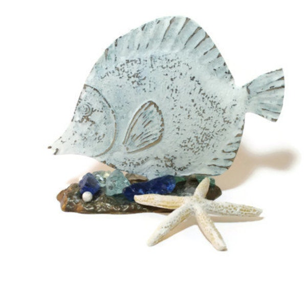 Tropical Fish Sculpture Distressed Brass and Sea Glass Nautical Decor