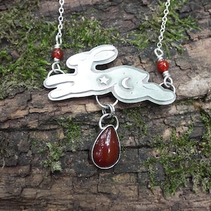 Sterling Silver Hare Rabbit Necklace with Carnelian Cabochon and Hand Stamped Detail