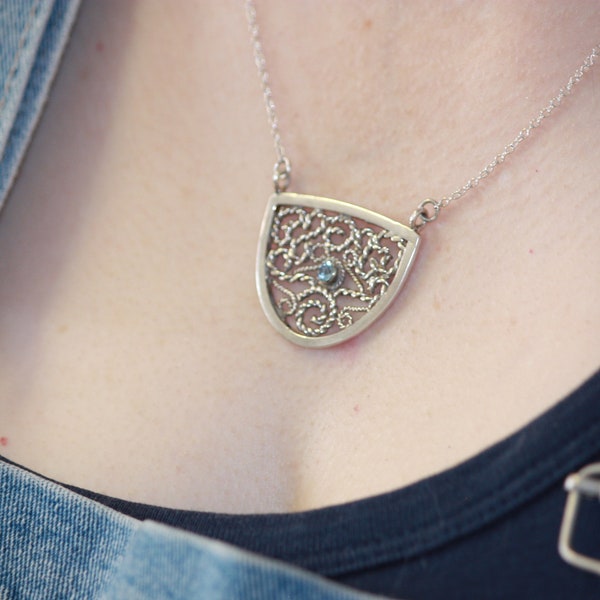 Sterling Silver Filigree Necklace with Swiss Blue Topaz.