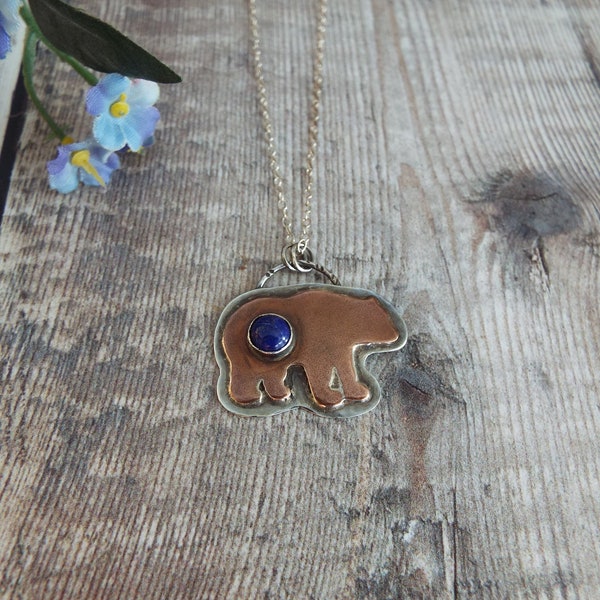 Copper & Silver Mama Bear Necklace, Lapis Lazuli Pendant, Bear Lovers Gift for new Mum / Mom, Papa Bear New Dad Gift