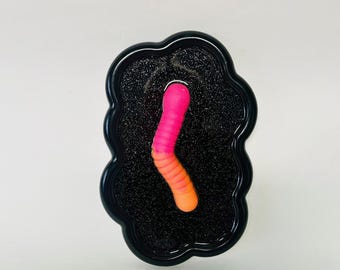 May include: A black resin mold shaped like a cloud with a pink and orange gummy worm inside.