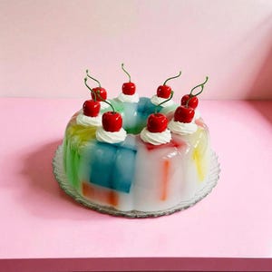 May include: A vibrant jelly dessert, featuring a spectrum of colours and adorned with whipped cream and vivid red cherries. The dessert is presented on a clear glass plate, set against a pink backdrop. A visually appealing and celebratory treat.