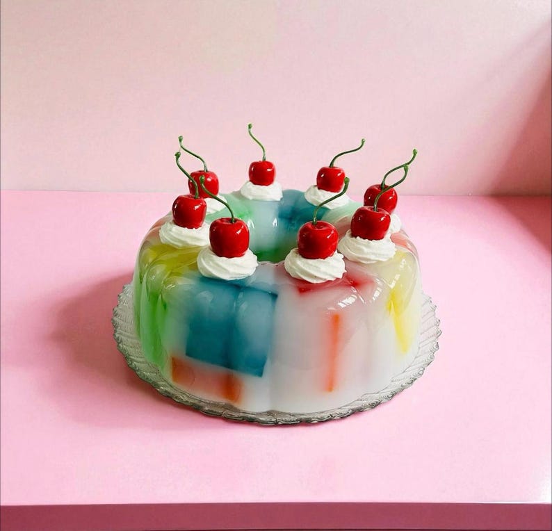 May include: A vibrant jelly dessert, featuring a spectrum of colours and adorned with whipped cream and vivid red cherries. The dessert is presented on a clear glass plate, set against a pink backdrop. A visually appealing and celebratory treat.