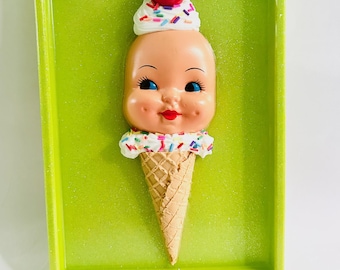 Vintage Doll Face Ice Cream Cone Wall Art: Funky Food Sculpture