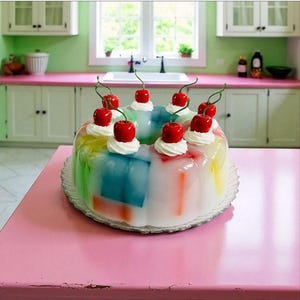May include: A multi-coloured jelly dessert topped with red cherries and whipped cream. The jelly is divided into sections of blue, green, yellow, and red. The dessert sits on a clear glass plate on a pink surface.