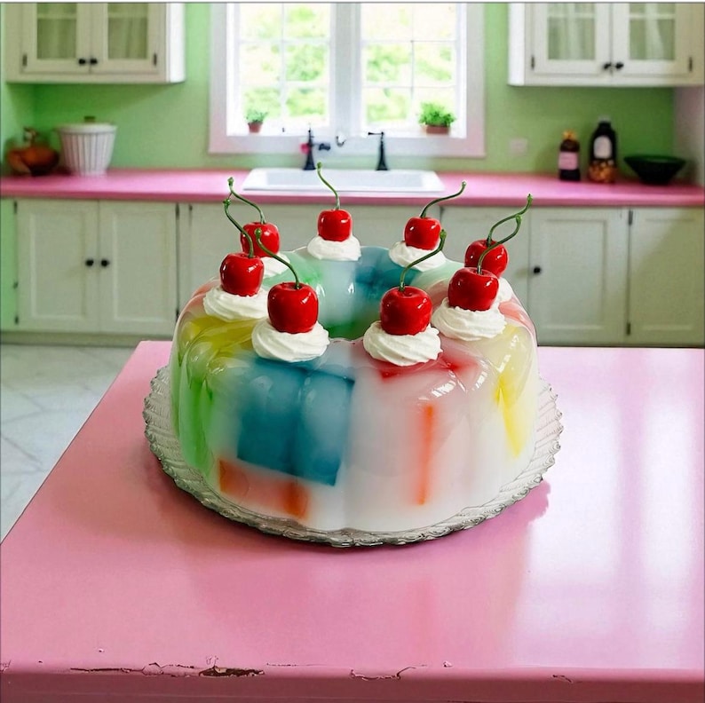 May include: A multi-coloured jelly dessert topped with red cherries and whipped cream. The jelly is divided into sections of blue, green, yellow, and red. The dessert sits on a clear glass plate on a pink surface.