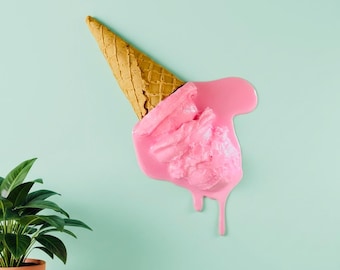 Melted Strawberry Ice Cream Cone Wall Hanging: Funky Food Decor/ Dopamine Decor/Pop Art/ Kitchen Decor/ Fake food