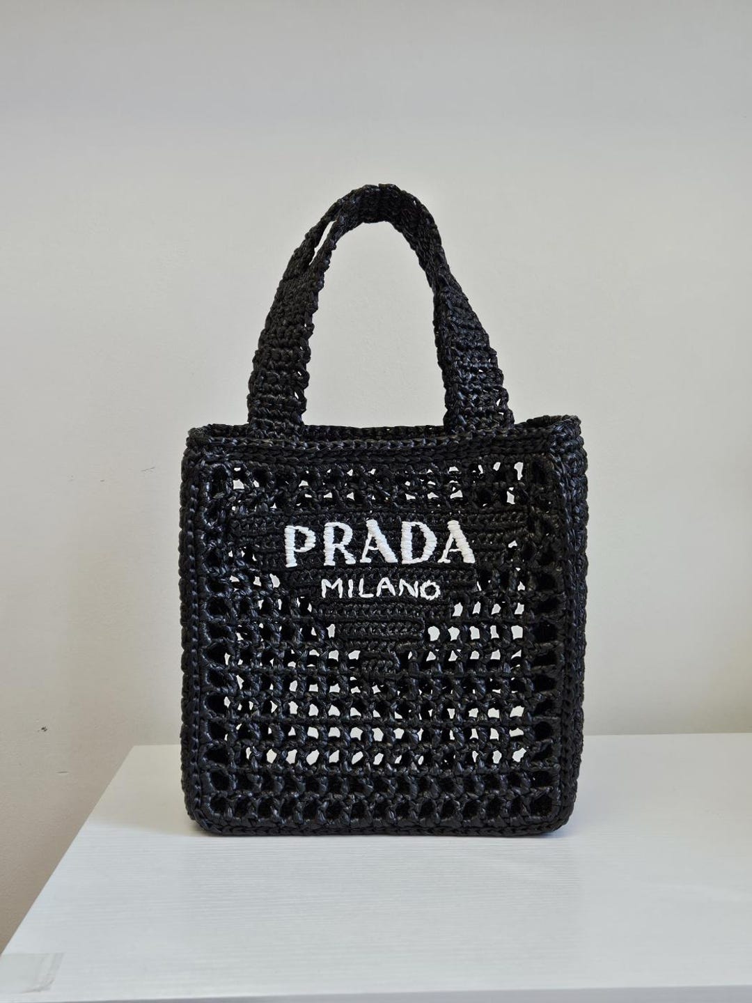 Prada | Raffia-woven Tote Bag (small) Black - Etsy