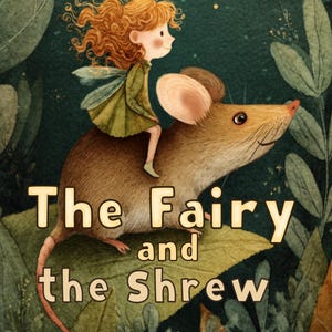 Op de afbeelding: Boekomslagillustratie voor "The Fairy and the Shrew" van Vita Harwood. Een fee met rood haar en een groene jurk rijdt op een muis. De titel staat in grote, gouden letters, met de ondertitel "Stories from the Forest Glades" en "Book 2".