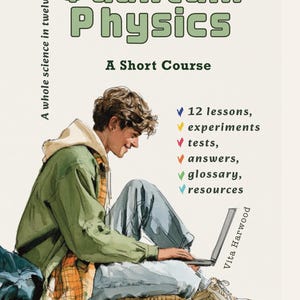 Puede incluir: Una portada de libro titulada Quantum Physics: A Short Course, con una ilustración de una persona sentada usando una computadora portátil. El texto incluye: What Do I Know About This?, A whole science in twelve evenings, 12 lessons, experiments, tests, answers, glossary, resources, Vita Harwood, The Best-Tested Theory Nobody Understands e In Twelve Evenings.