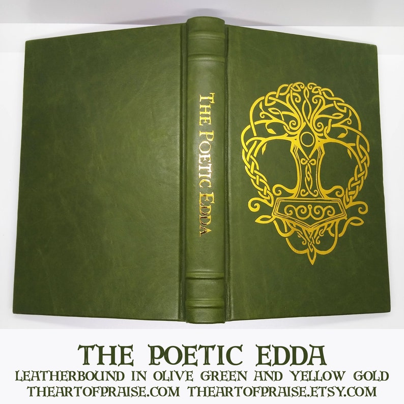 The Poetic Edda Leatherbound in Olive Green and Yellow Gold image 1