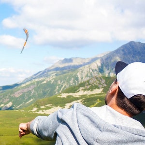 K&ouml;nnte beinhalten: Eine Person mit einer wei&szlig;en Baseballkappe mit schwarzem Logo wirft einen Bumerang in einer Berglandschaft.
