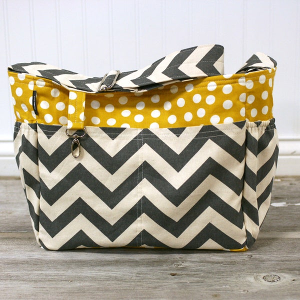 Reserved for MagenAnn / Modern grey chevron and mustard polka dot diaper bag tote bag