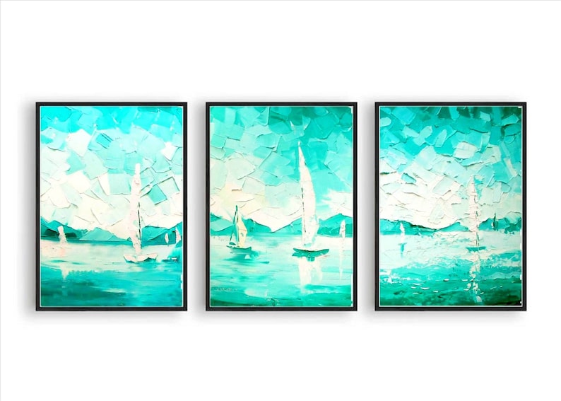 Paintings on Canvas Triptych Set of 3 Small Oil Paintings Framed Impasto Painting Sailboat Painting Seascape Painting Original by Walperion