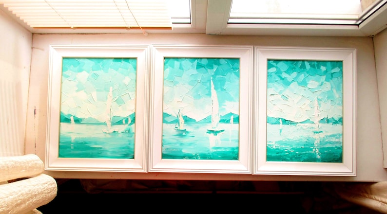 Paintings on Canvas Triptych Set of 3 Small Oil Paintings Framed Impasto Painting Sailboat Painting Seascape Painting Original by Walperion