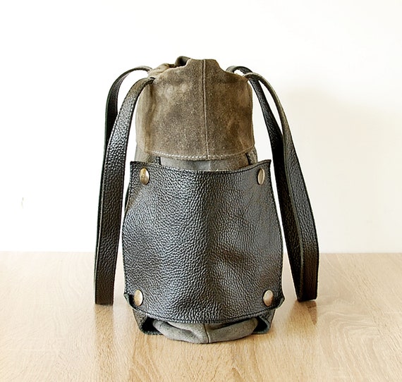 Vintage Large Shoulder Bag, Italian Black Grey Le… - image 4