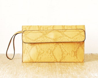 Vintage Yellow Leather Wrist Bag, Synthetic Snake Leather Wristlet Clutch