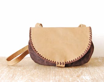 Vintage Beige Brown Suede Leather Bag, 70s Women Shoulder Handbag