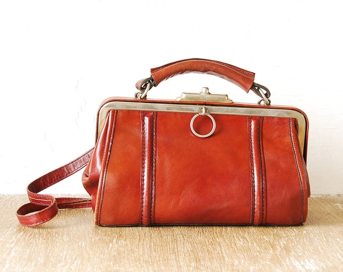 Vintage Leather Bag With Metal Frame Bordeaux Leather Woman Etsy