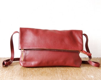 Vintage Bordeaux Leather Bag, Kiomi Women Fold Over Purse, Everyday Handbag