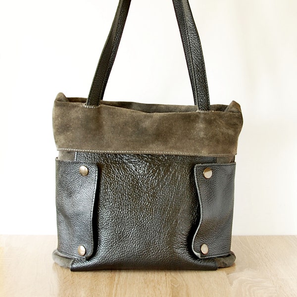 Vintage Large Shoulder Bag, Italian Black Grey Leather Bag, Coleidos Retro Bag Handles