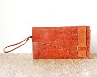 Vintage Wrist Handbag, 80s Brick Red Leather Men Clutch