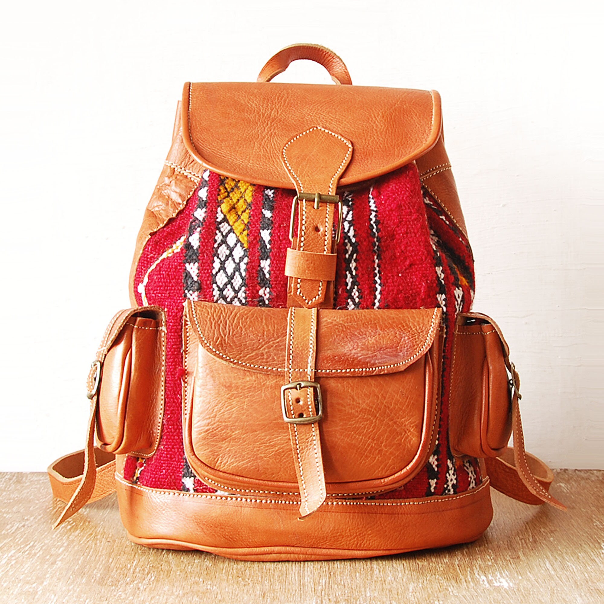 Mini Wave Pattern Front Pocket Woven Strap Shoulder Bag Backpack